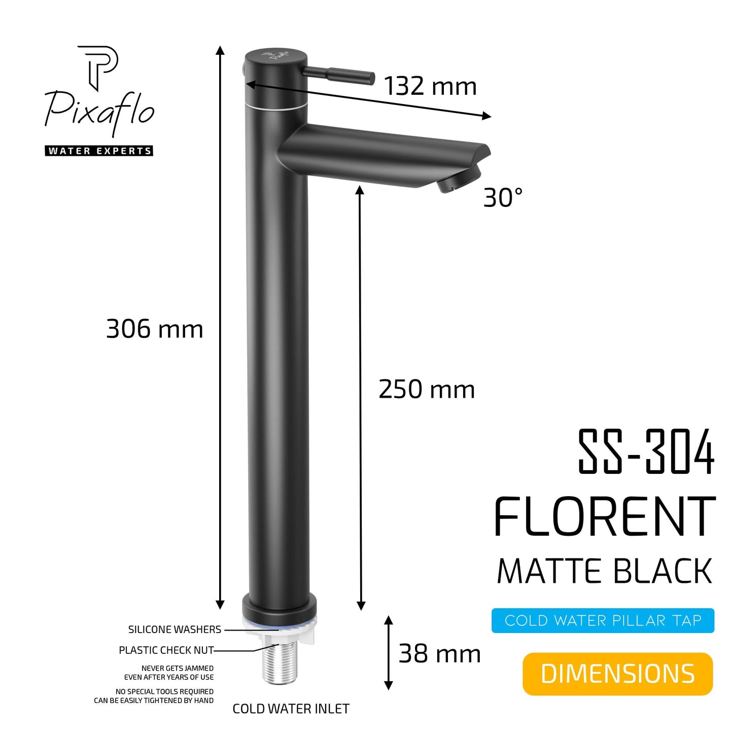 Pixaflo Florent SS-304 Extended Tall Body Pillar Cock 12"" Tap for Wash Basin | Stainless Steel (Matte Black)