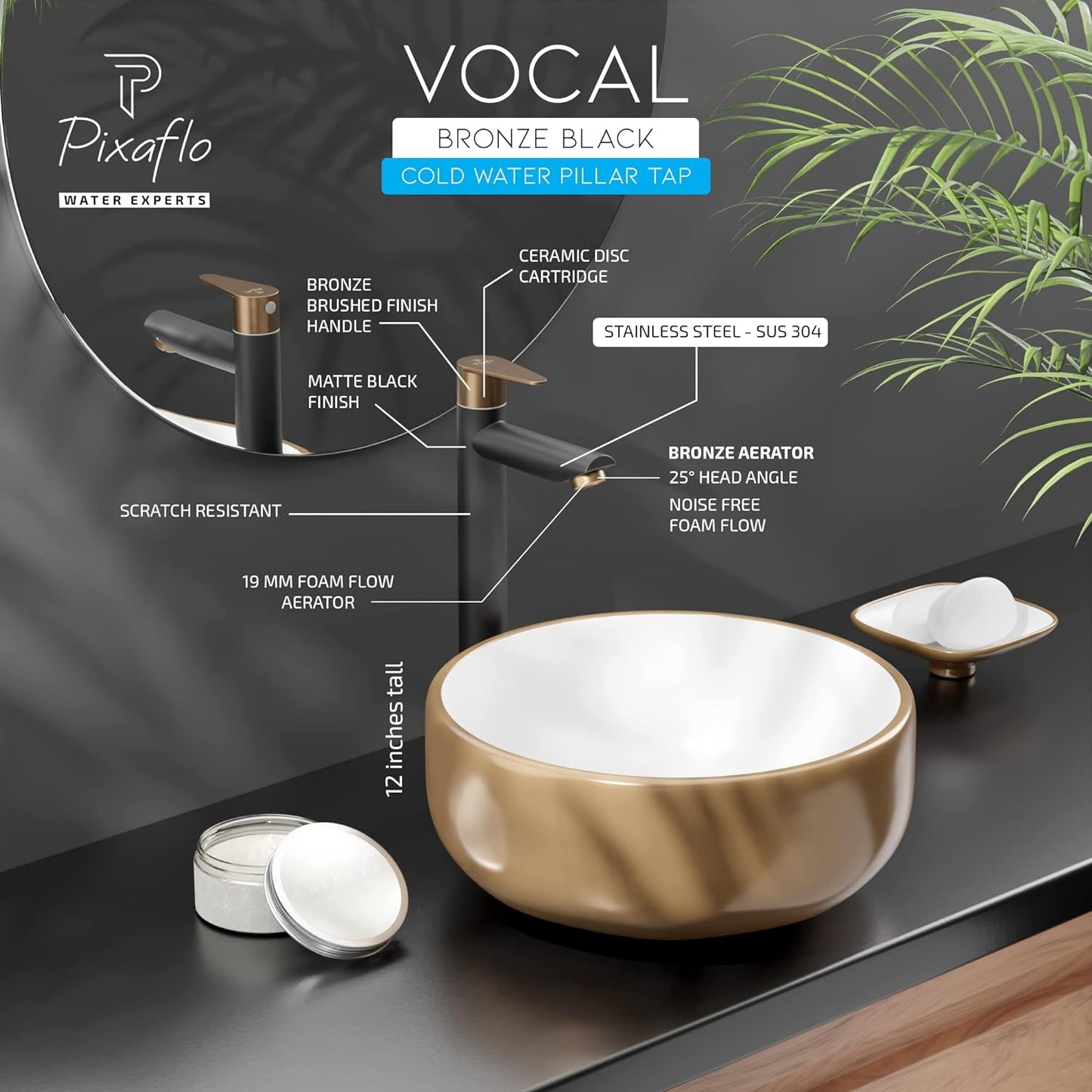 Pixaflo Vocal SS-304 Extended Tall Body Pillar Cock 12" Tap for Wash Basin | Stainless Steel (Black Bronze | Pack of 1)